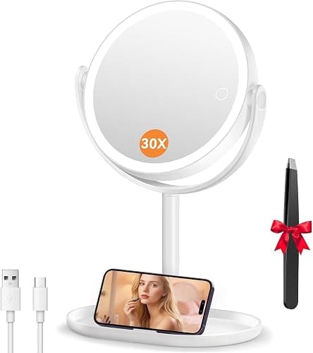 Auxmir Specchio Trucco con Luci 30X/1X Bifacciale, Specchio Ingranditore 8", Specchio da Tavolo Ricaricabile 2000mAh, 3 Colori di Luci 64 LED Rotazione a 360° Smontabile per Camera da Letto, Viaggio - Image 1