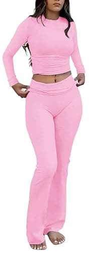 ZFLM Casual Workout Two Piece Outfits Long Sleeve High Waist Fold-Over Flared Leggings Pants Tracksuit Sets Streetwear - Image 1