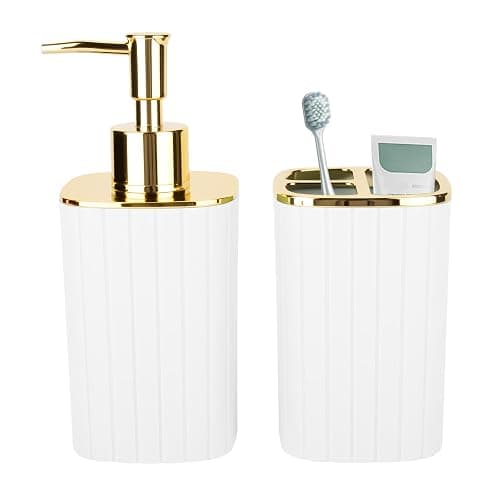 2PCS Bathroom Accessories Set, White and Gold Bathroom Accessories Include Soap Dispenser and Toothbrush Holder for Boho Bathroom Decor - Image 1