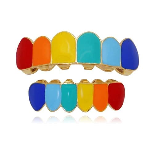 canjoyn Rainbow Grillz Vampire Fangs 6 Teeth Top Bottom Set, Gold, One Size - Image 1