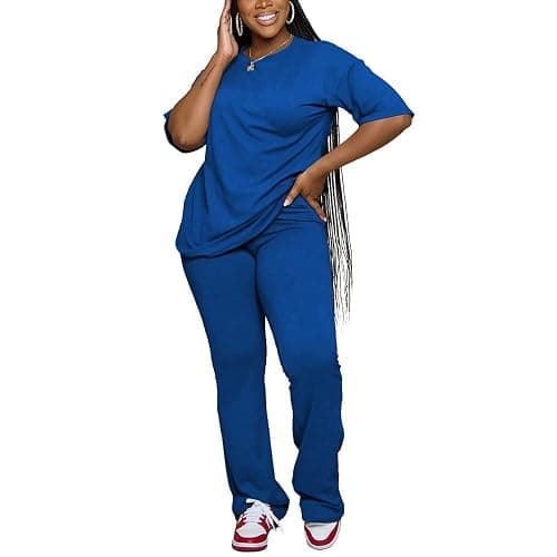PINSV Women 2 Piece Outfits Short Sleeve Top and Flare Pants Lounge Sets Tracksuit - XX-Large - Blue thumbnail 3