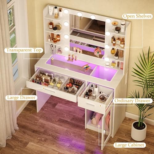 HUAHUU Vanity Desk with Mirror and Lights, Makeup Vanity Desk with Lights 3 Colors, Transparent Top Vanity with 2 RGB Drawers, 6 Shelves, Large Tempered Cabinet, Power Outlet, for Bedroom, White thumbnail 2