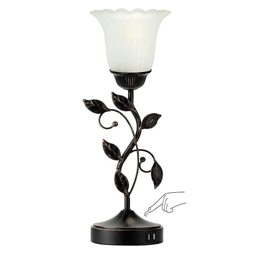 RORIANO Touch Bedside Lamp with 2 USB Charging Ports, 3-Way Dimmable Nightstand Lamps, White Glass Shade Vintage Rural Leaf Lamp for Living Room Tabletop Bedroom Side Table, LED Bulb Included - Image 1