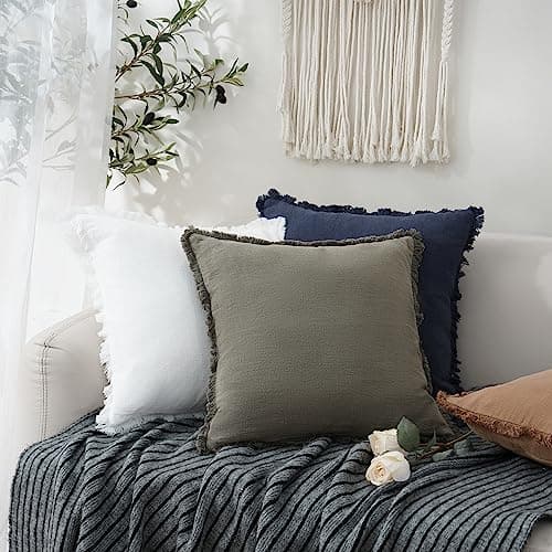 Foindtower Set of 2 Decorative Linen Fringe Throw Pillow Covers Cozy Boho Farmhouse Cushion Cover with Tassels Soft Accent Pillowcase for Couch Sofa Bed Living Room Home Decor,22×22 Inch,White thumbnail 5