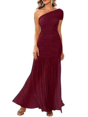 LAGSHIAN Women's Elegant Formal Long Dress One Shoulder Sleeveless Ruched Bodycon Evening Dress - Image 1