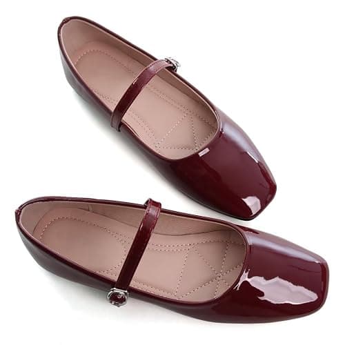 TN TANGNEST Women's Ballet Flats Fashion Mary Jane Flats Shoes for Women Cute Square Toe Slip on Dress Flats Wine red 41(9) thumbnail 3