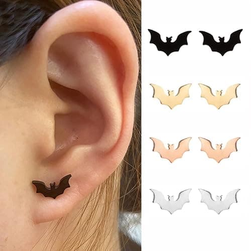 BlackAmazement 2er Set Ohrstecker Piercing 316L Edelstahl Fledermaus Bat Silber Rose Gold Schwarz Gothic Damen Herren thumbnail 4