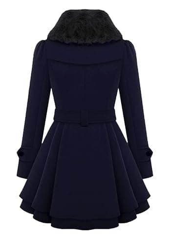 YMING Womens Lapel Faux Fur Collar Jacket Double Breasted Wool Blend Trench Coat Midi Swing Peacoats with Belt thumbnail 2