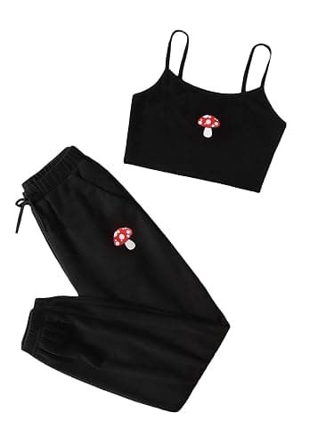 OYOANGLE Girl's 2 Piece Outfits Sleeveless Mushroom Cartoon Print Embroidery Round Neck Shirt Top and Sweatpants Pants Sets - Image 1