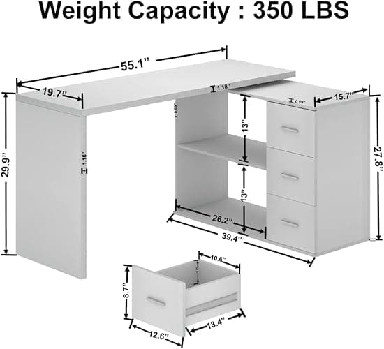 HSH White L Shaped Computer Corner Desk with 3 Storage Drawers 55 inch | Reversible Home Office Corner Desk with 2 Open Side Shelves Modern Wood Executive L Desks for Bedroom,Study Workstation thumbnail 2