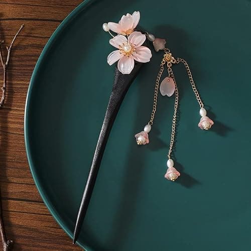 Floral Hair Stick, Chinese Hair Accessories Chinese Hair Pins for Women Hanfu Hair Sticks,Ancient Style Tassel Hairpin Floral Hair Accessories (Pink) thumbnail 5