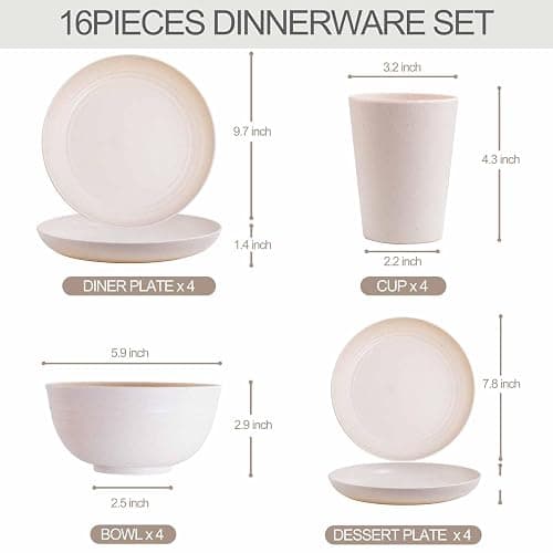 Rubtlamp Wheat Straw Dinnerware Sets, 16PCS Plastic Dinnerware Set for 4, Wheat Straw Plates and Bowls Sets, Unbreakable Dinnerware Plastic Microwave Safe Dishes Set for Kitchen&Camping thumbnail 2