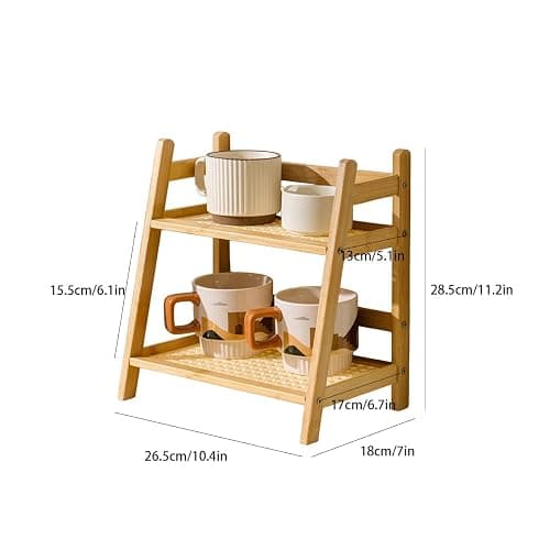 2 Tier Bamboo Coffee and Tea Station Organizer, Countertop Mug Holder, Cup Display and Condiment Rack, Kitchen Shelf for Cups, Matcha, and Accessories (Dark Brown) thumbnail 2