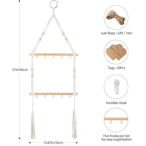 OtGalk 2-Tier Hanging Herb Drying Rack – Includes 30 Brown Gift Tags & 32ft Natural Jute Twine – Handwoven Boho Style Plant Hanger for Drying Herbs, Flowers, Sage – 37" Tall, Home Décor & Gift Idea thumbnail 3