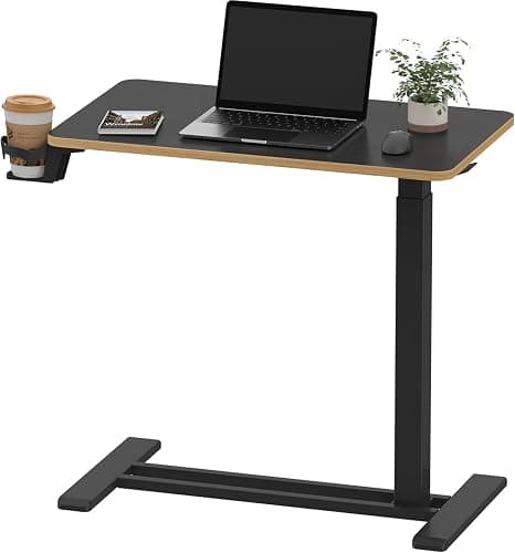SANODESK Medical Adjustable Overbed Bedside Table with Hidden Casters, Pneumatic Mobile Laptop Computer Standing Desk Cart with Tray, Hospital and Home Use(27.6" W x 15.7" D, Black) - Image 1