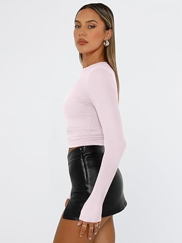 Trendy Queen Womens Long Sleeve Shirts Basic Tees Crop Tops Going Out Spring 2025 Workout Outfits Y2k Clothes - X-Small - Light Pink thumbnail 3