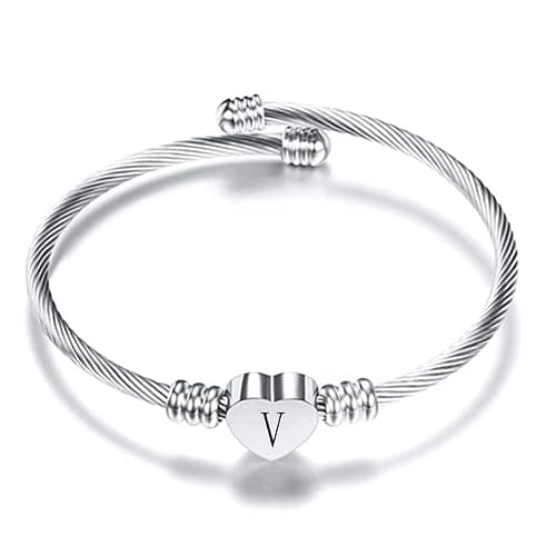 VQYSKO Silver Heart Initials Bracelet-A-Z Stainless Steel Engraved Charm Bracelet, Woman Jewelry Birthday Festival Gift - Image 1