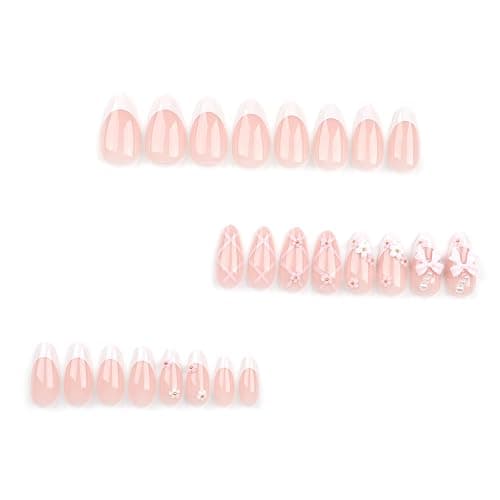 MouyouGlow Press on Nails Kurz,Almond Nude Weiß French 3D Bow Schleife Blumen Floral Pearl Sweet Coquette Fake Nails mit Nagelkleber,Y2K Baby Pink Lace Künstliche Fingernägel thumbnail 4