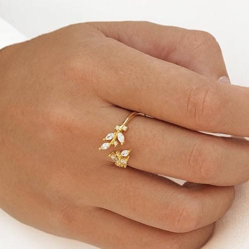 cotwdi Gold Rings Non Tarnish Silver Adjustable Rings for Women Cubic Zirconia Leaf Ring Dainty Silver Stackable Ring for Women thumbnail 4