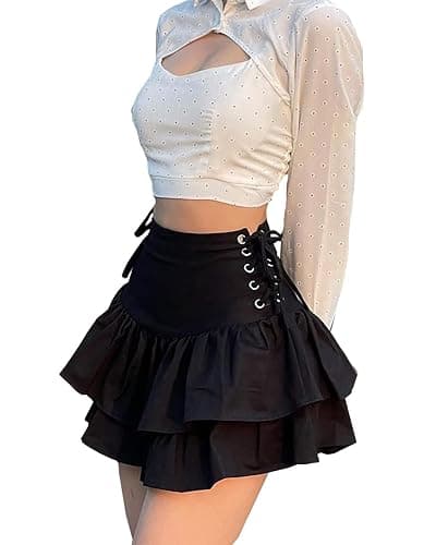 XKBHYD Womens Ruffle Tie Close Skirts Black Mini Skirt High Waist Goth Punk Skirt Girls Pleated Skirt Summer thumbnail 4