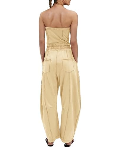 LAMISSCHE Womens Casual Strapless Jumpsuits off the Shoulder Summer Rompers Sleeveless One Piece Outfits with Pockets thumbnail 4