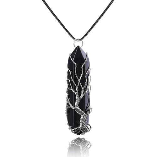 VIBILIA Healing Crystal Necklace Tree of Life Wire Wrapped Natural Stone Point Pendant Necklace Hexagonal Reiki Spiritual Quartz Gemstone Jewelry for Women Men - Image 1