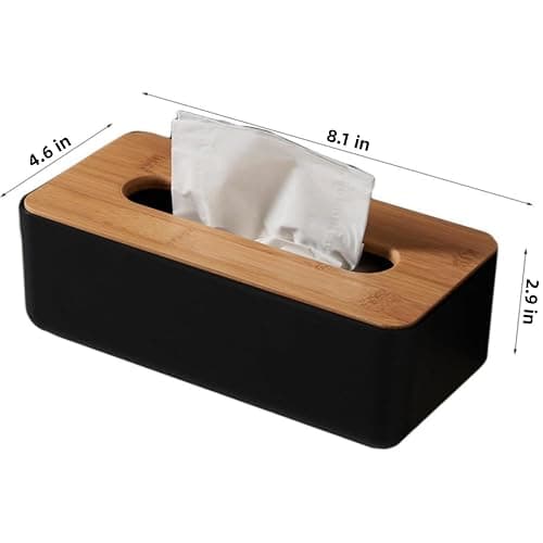 Tissue Box with Bamboo Cover,Plastic Tissue Organizer,Bathroom Tissue Dispenser for Home,Bedroom,Office,Living Room,8.1×4.6×2.9 in (Black) thumbnail 3