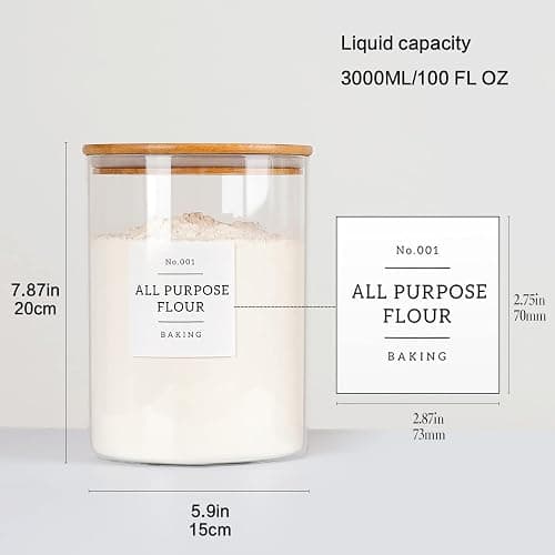 HHMJSM Large Glass Storage Jars With Airtight Bamboo Lid - 100 Fl Oz Thicken Kitchen Glass Food Storage Canister With 42 Pantry Labels - Big Clear Flour And Sugar Containers Farmhouse thumbnail 2