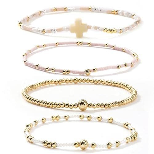 EQUBIO Gold Beaded Bracelet for Women，14K Plated Stackable Beaded Bracelet Set，Handmade Adjustable Waterproof Beaded Jewelry，Fashion Jewelry Set Gifts for Women Birthday Friendship - Image 1