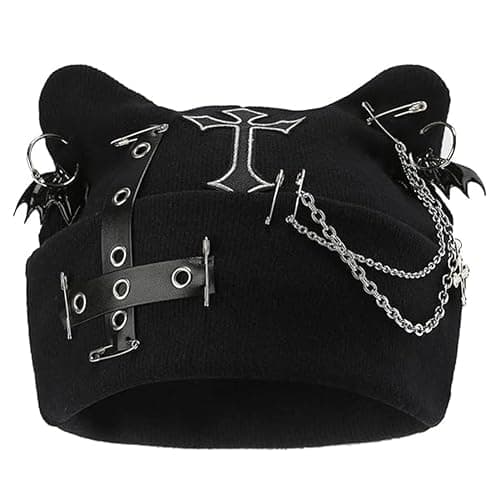 Quxyxso Punk Cross Goth Hat, Women's Cat Ear Bat Wing Beanie Knit Hat, Knitted Y2k Hat Accessories Winter Outdoor Streetwear Black - Image 1