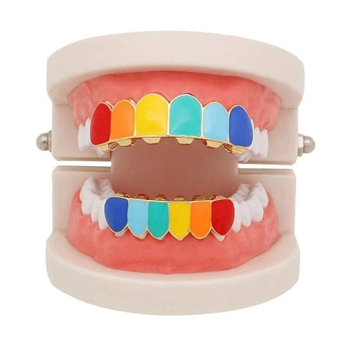 canjoyn Rainbow Grillz Vampire Fangs 6 Teeth Top Bottom Set, Gold, One Size thumbnail 2
