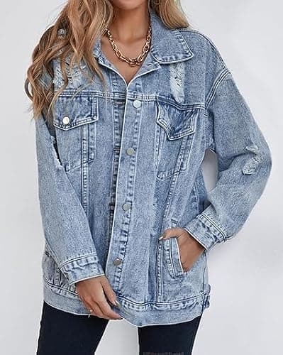 LifeShe Women's long oversized denim jacket boyfriend ripped distressed jean jackets coat thumbnail 3