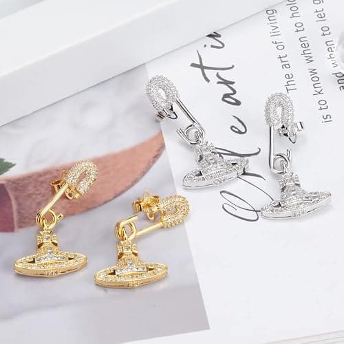 Colorful Saturn Earrings for Women - Punk Two-sided Pin Clip Zircon Saturn Earrings Ear Studs(Silver) thumbnail 7