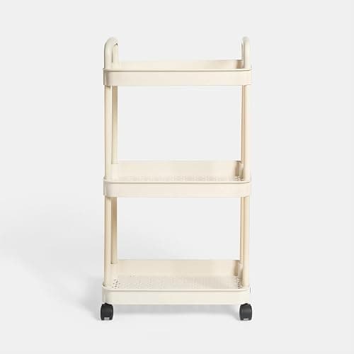 OHS 3 Tier Storage Trolley on Wheels Plastic Kitchen Trolleys for Book Beauty Rolling Storage Cart Organiser Utility Cart for Living Room Bathroom Office, Cream thumbnail 3