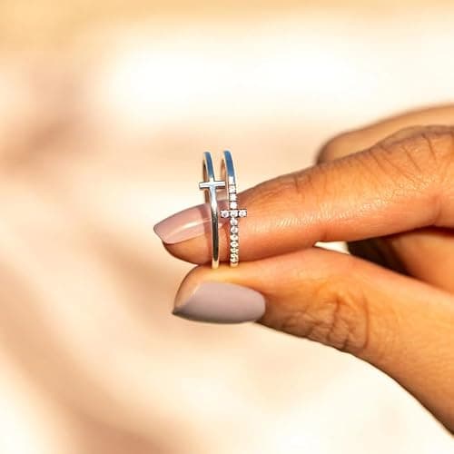 Double Cross Ring 18k Gold Plated 925 Sterling Silver Cubic Zirconia Simple Plain Stackable Statement Promise Rings Inspiration Christian Ring Faith Hope Love Cross Religious Ring Gift (Silver 9#) thumbnail 2