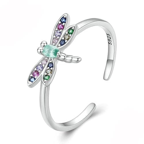 Cute Dragonfly Adjustable Ring 925 Sterling Silver Colorful Cubic Zirconia Stackable Open Finger Band Rings Promise Statement Daughter Birthday Valentine's Day Jewelry Gifts for Women Girlfriend - Image 1