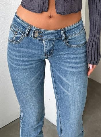 Justalwart Women's Stretch Low Rise Double Button Elastic Skinny Vintage Flare Jeans - Blue Washed - X-Small thumbnail 4