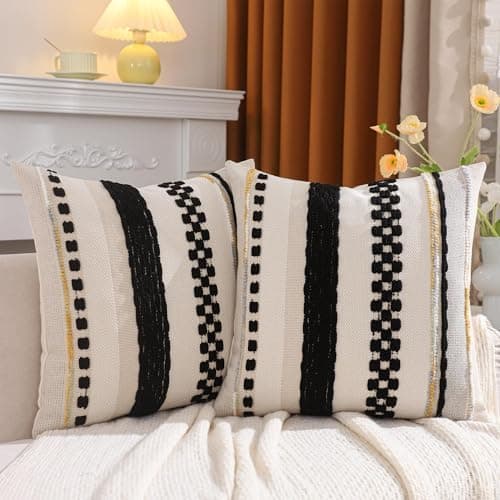 Tosleo Boho Pillow Covers 18x18 inch Set of 2 Black and Cream Throw Pillow Covers Stripe Tufted Decorative Pillow Case Accent Chenille Pillowcase Farmhouse Patterned Cushion Case for Spring Home Decor thumbnail 2
