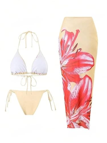 ZAFUL Womens 3pcs Swimsuit Floral Halter Triangle Bikini Top Tie Side Bottom with Long Sheer Cover Up Skirt thumbnail 3