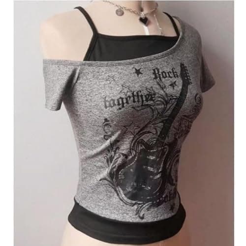 Emo Grunge Shirts Women Graphic Baby Tees Fake Two Piece Short Sleeve Vintage Y2k Crop Top Goth Alt Clothes - Grey Black - Small thumbnail 5