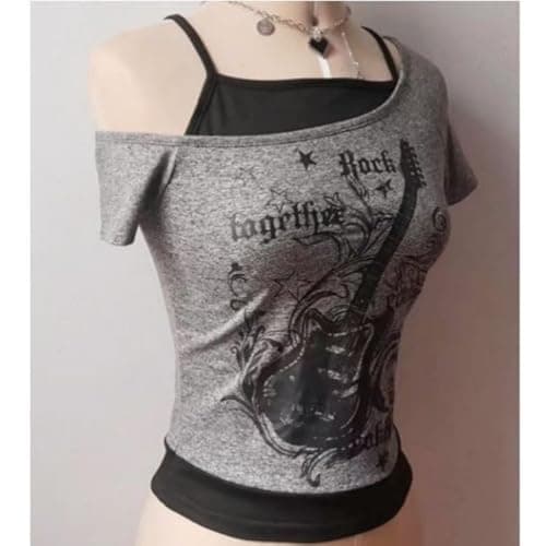 Emo Grunge Shirts Women 2000s Graphic Baby Tees Fake Two Piece Short Sleeve Vintage Y2k Crop Top Goth Alt Clothes - Grey Black - Large thumbnail 5