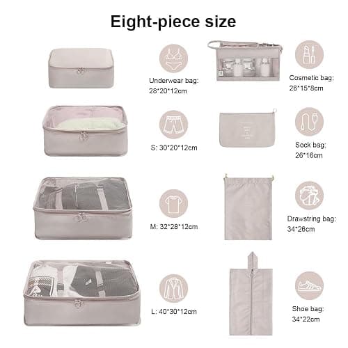 OSDUE Koffer Organizer Set 8-teilig, Packing Cubes, Wasserdichte Reise Kleidertaschen, Packtaschen für koffer, Verpackungswürfel mit Kosmetiktasche, Schuhbeutel, USB Kabel Tasche (Beige) thumbnail 2