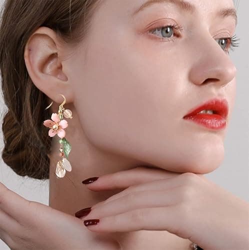 Pink Flower Dangle Earrings for Women Cute Asymmetry Flower Earrings Fairy Statement Summer Refreshing Seaside Idyllic Holiday Earrings thumbnail 2