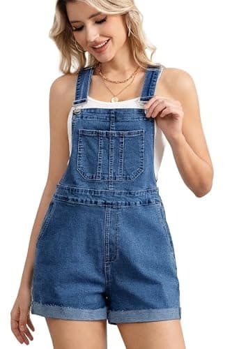 ZMTUO Women's Stretch Denim Overall Shorts with Adjustable Straps, Pockets | Cuffed hems add a casual look, while the zipper closure makes these shortalls easy to wear. - Image 1
