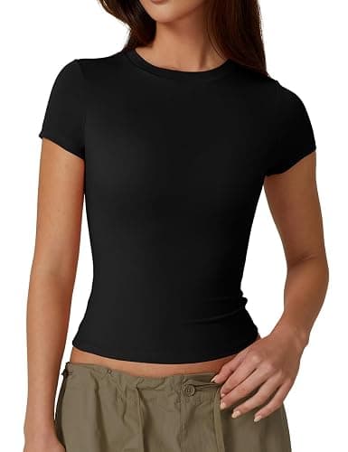 QINSEN Women's Crew Neck Short Sleeve Double-Layer Tops Basic Slim Fit Going Out T Shirt - Image 1