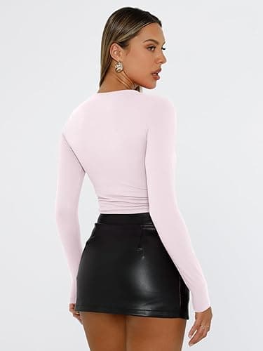 Trendy Queen Womens Long Sleeve Shirts Basic Tees Crop Tops Going Out Spring 2025 Workout Outfits Y2k Clothes - X-Small - Light Pink thumbnail 4