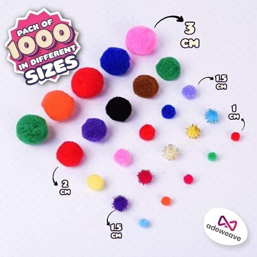Adeweave 1000 Assorted Pom poms – Soft and Fluffy Craft Pom Pom Balls – Multicolor Craft Supplies Pompoms for Arts and Crafts in a Reusable Box, Large Puff Ball Ideal for DIY and School Activities thumbnail 2