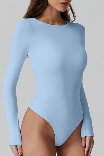 QINSEN Womens Crew Neck Long Sleeve Bodysuit Double Lined Body Suits Basic T-Shirt Tops thumbnail 2