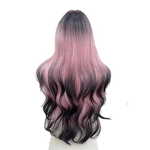 huafan luxkazya Pink Black Brown Gradient Long Wavy Wig for Women Lolita Ombre Pink Curly Wig Natural Looking Synthetic Wigs Hair Replacement Wigs for Daily Party Use thumbnail 2