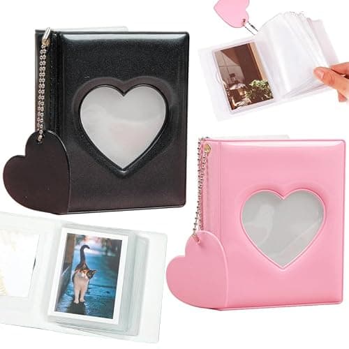 2 Pcs Love Heart Photocard Holder Book, BetterJonny 3 Inch Mini Photo Album Heart Hollow Card Binder Pendant 32 Pockets kpop photocard binder for Star Chasing Photo Collection (Black,Pink) - Image 1